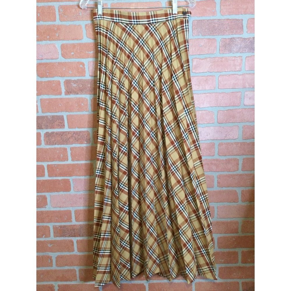 Vintage Fritzi Women's Plaid Checkered Pleated Maxi Skirt Brown Size 13/14 Full